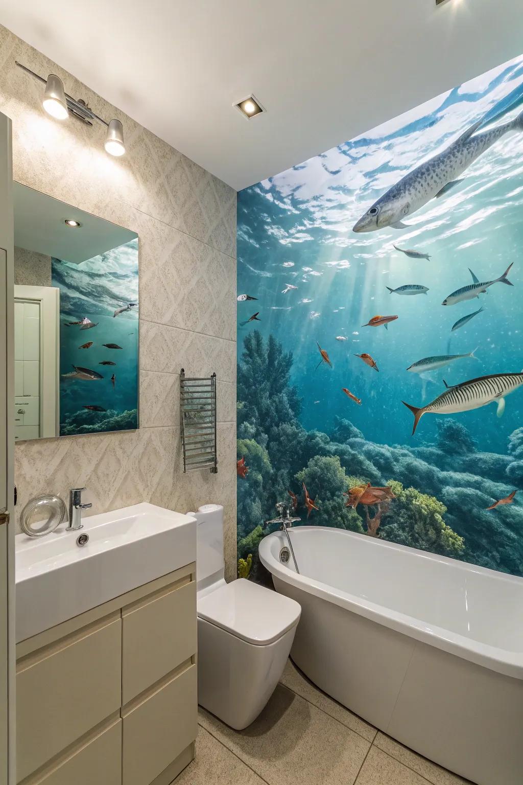 A bathroom featuring fish swimming above water.