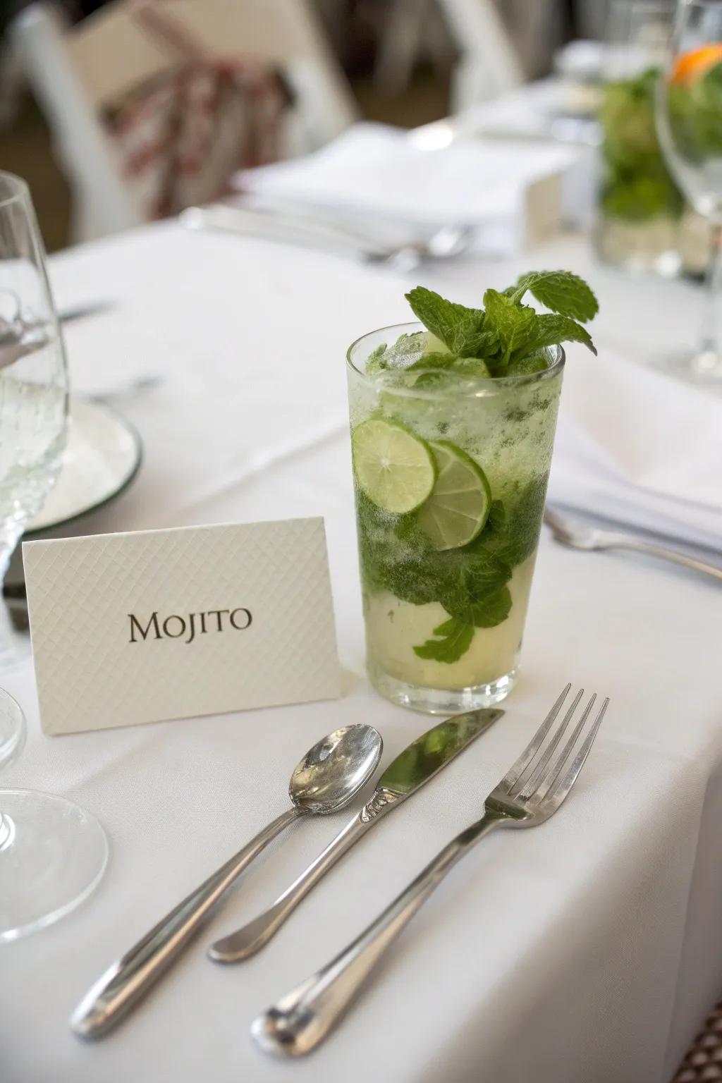 Cocktail-themed table names add a playful element to the decor.