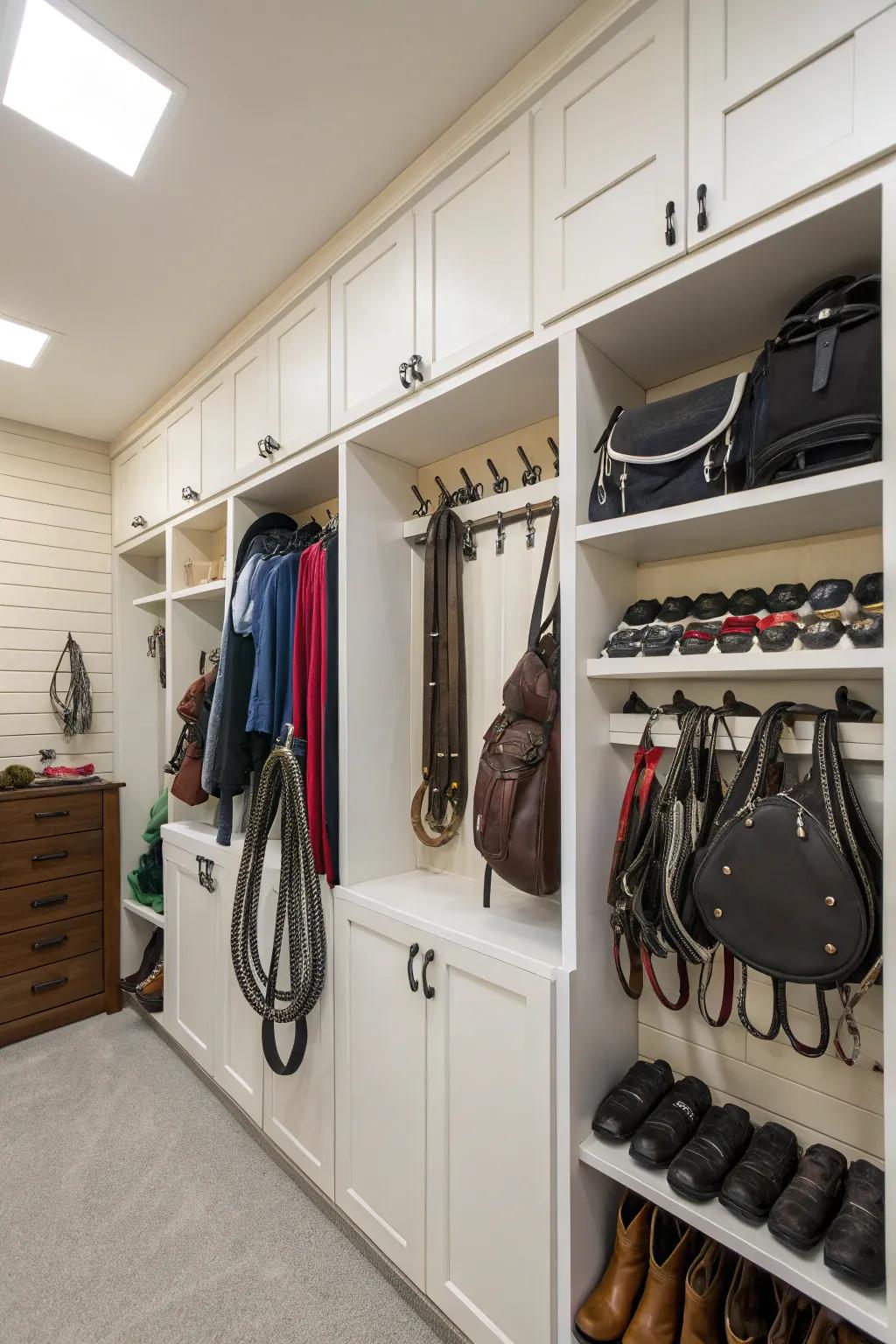 Functional furniture in a tack room maximizing vertical storage.