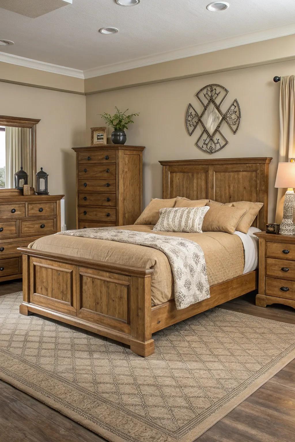 Wooden furniture elegantly complements the tan bedroom palette.