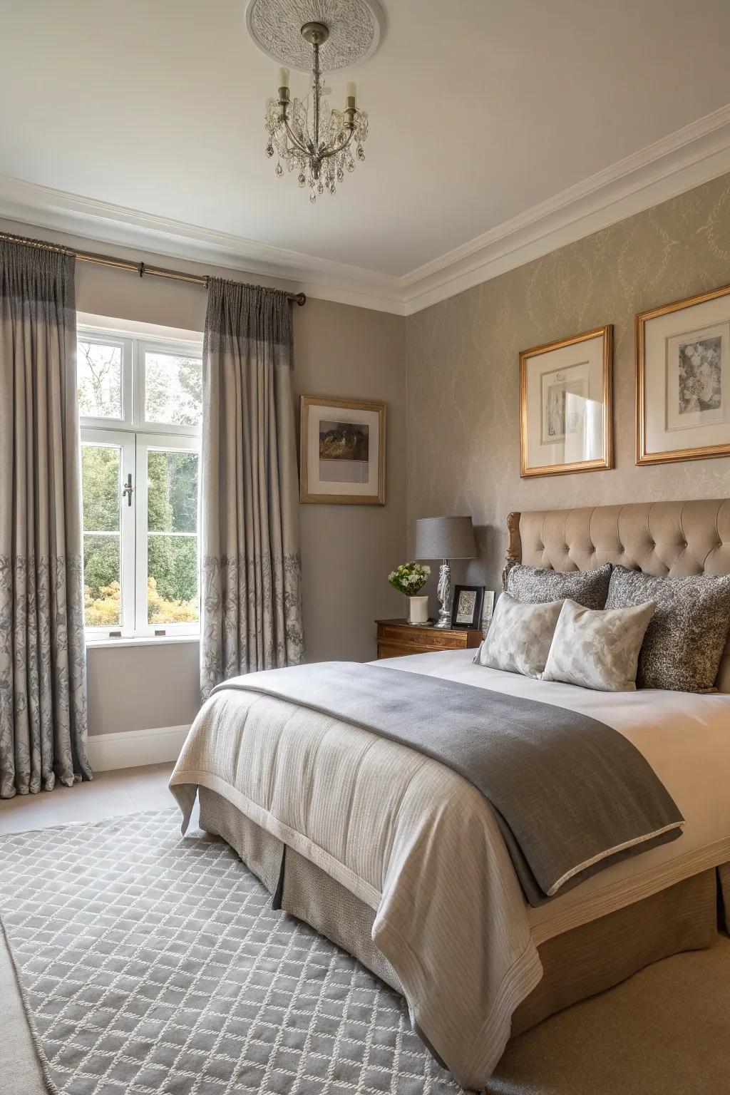 Chic grey curtains complementing taupe walls.