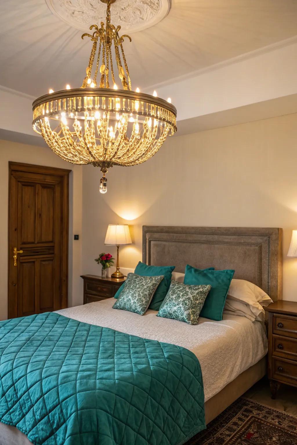 A gold chandelier adds a touch of glamor to this teal and gold bedroom.