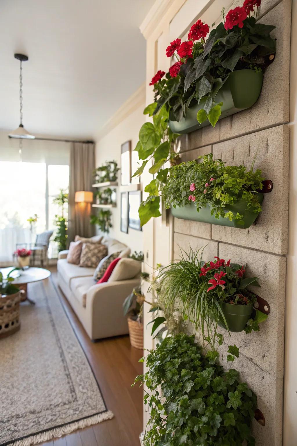 Wall-mounted planters enliven a temporary wall with lush greenery.