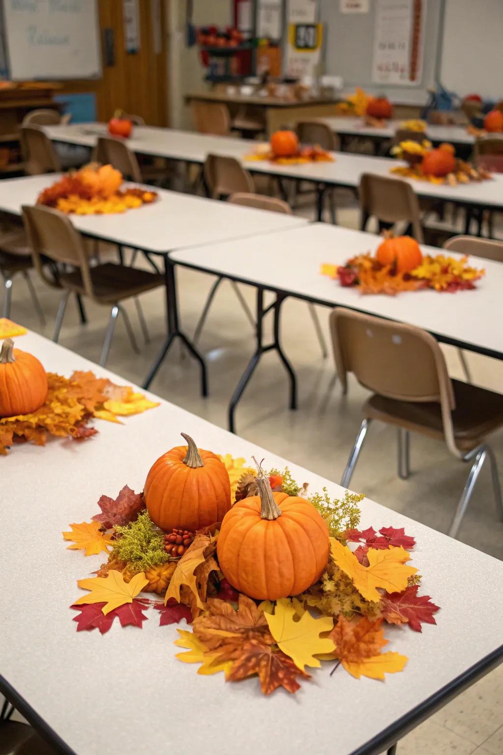 Pumpkin centerpieces bring a touch of autumn charm to the classroom.