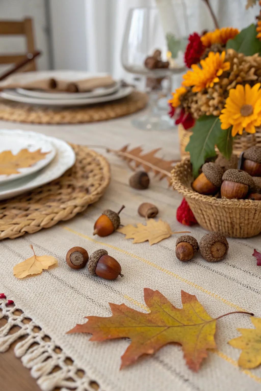 Natural elements like acorns and leaves enhance the table's rustic charm.