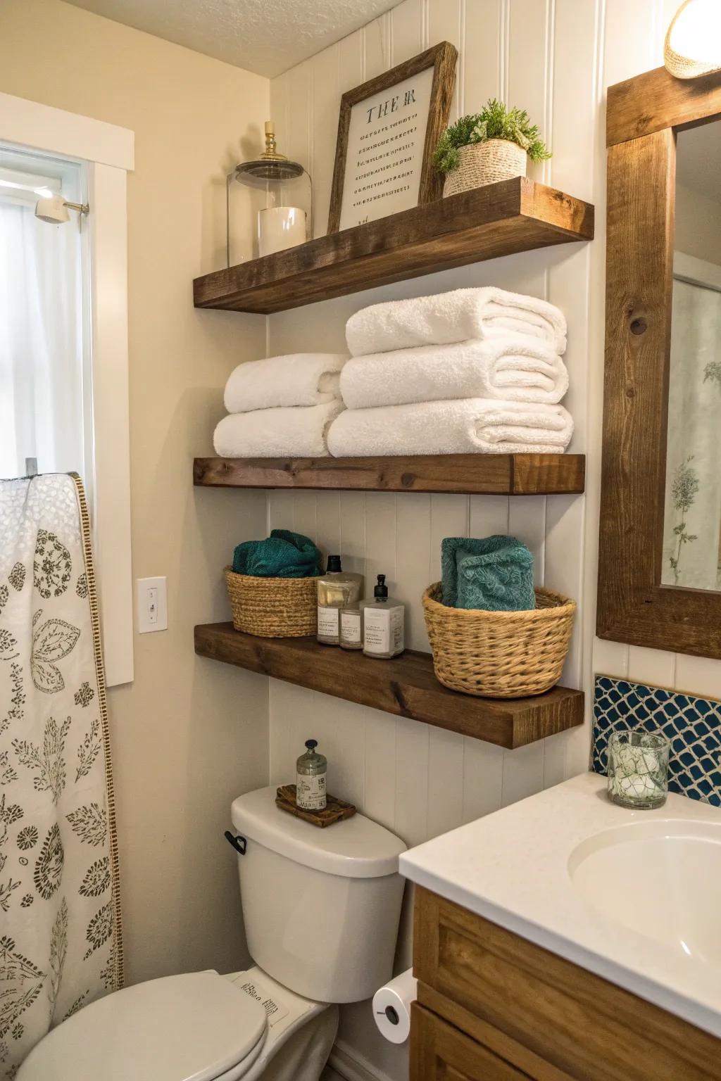 Floating shelves add both storage and style to small bathrooms.