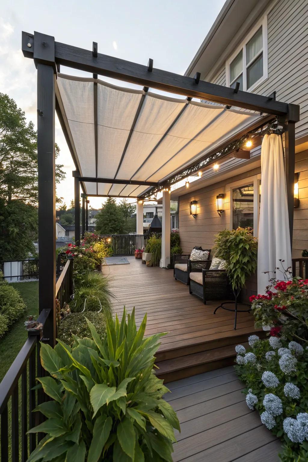 A pergola with adjustable features offers flexibility for sun or shade.