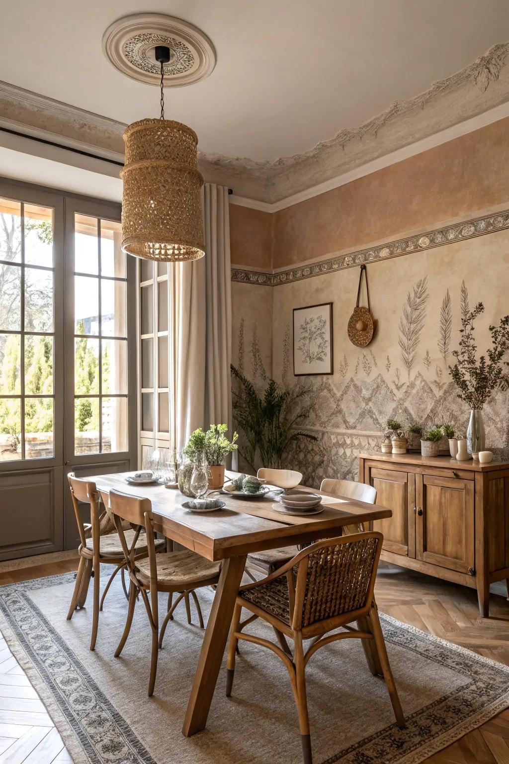 A townhouse dining room with earthy tones for a harmonious look.