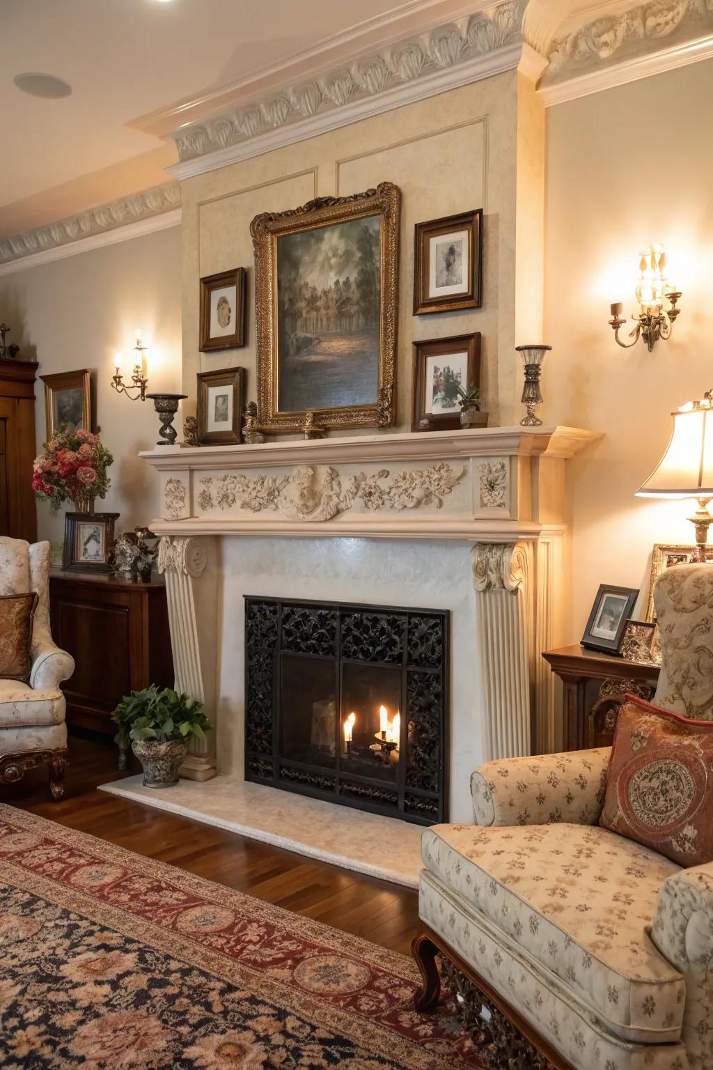 A detailed fireplace mantel serves as the focal point in this traditional living room.