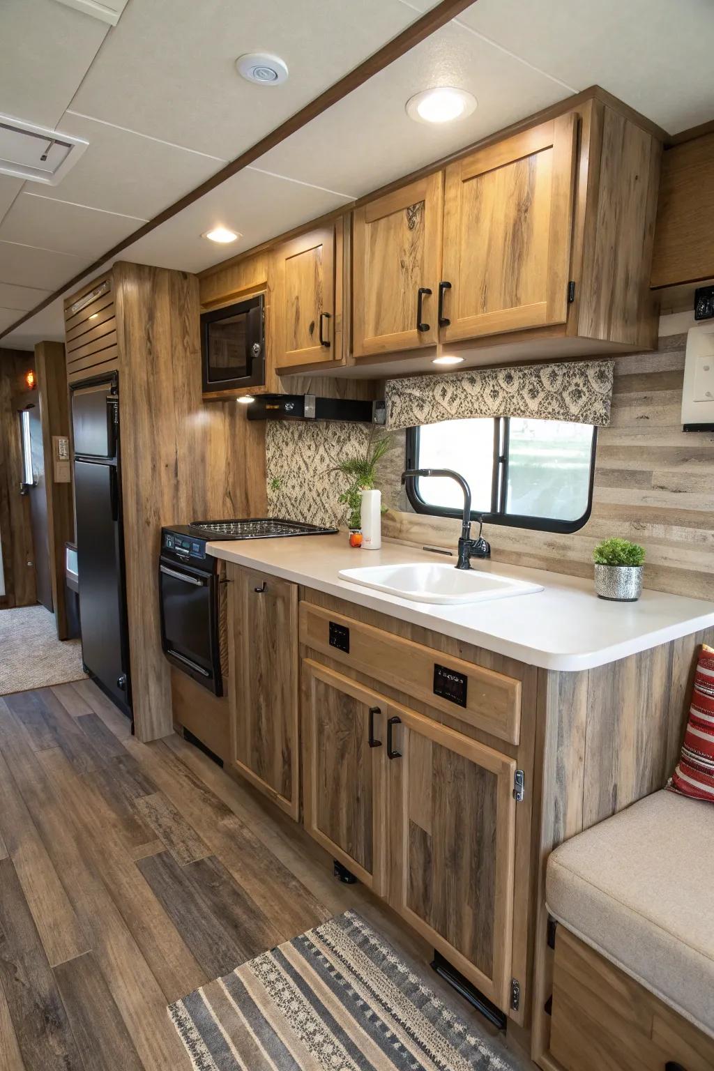 Wood-look tiles add warmth and a rustic vibe to your RV kitchen.
