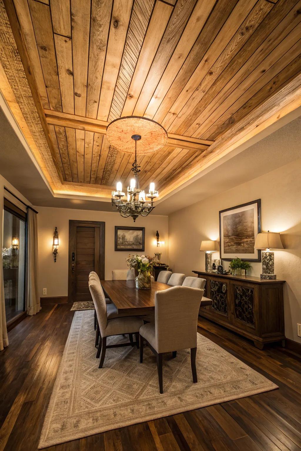 A dining room with warm, inviting wood accents on the tray ceiling.