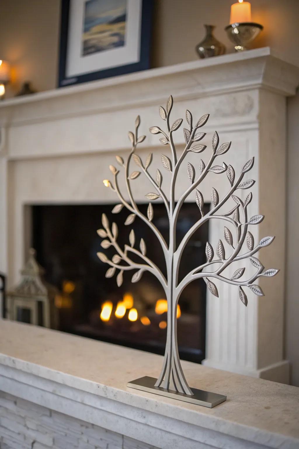 Minimalist metal Tree of Life branch decor above a fireplace.