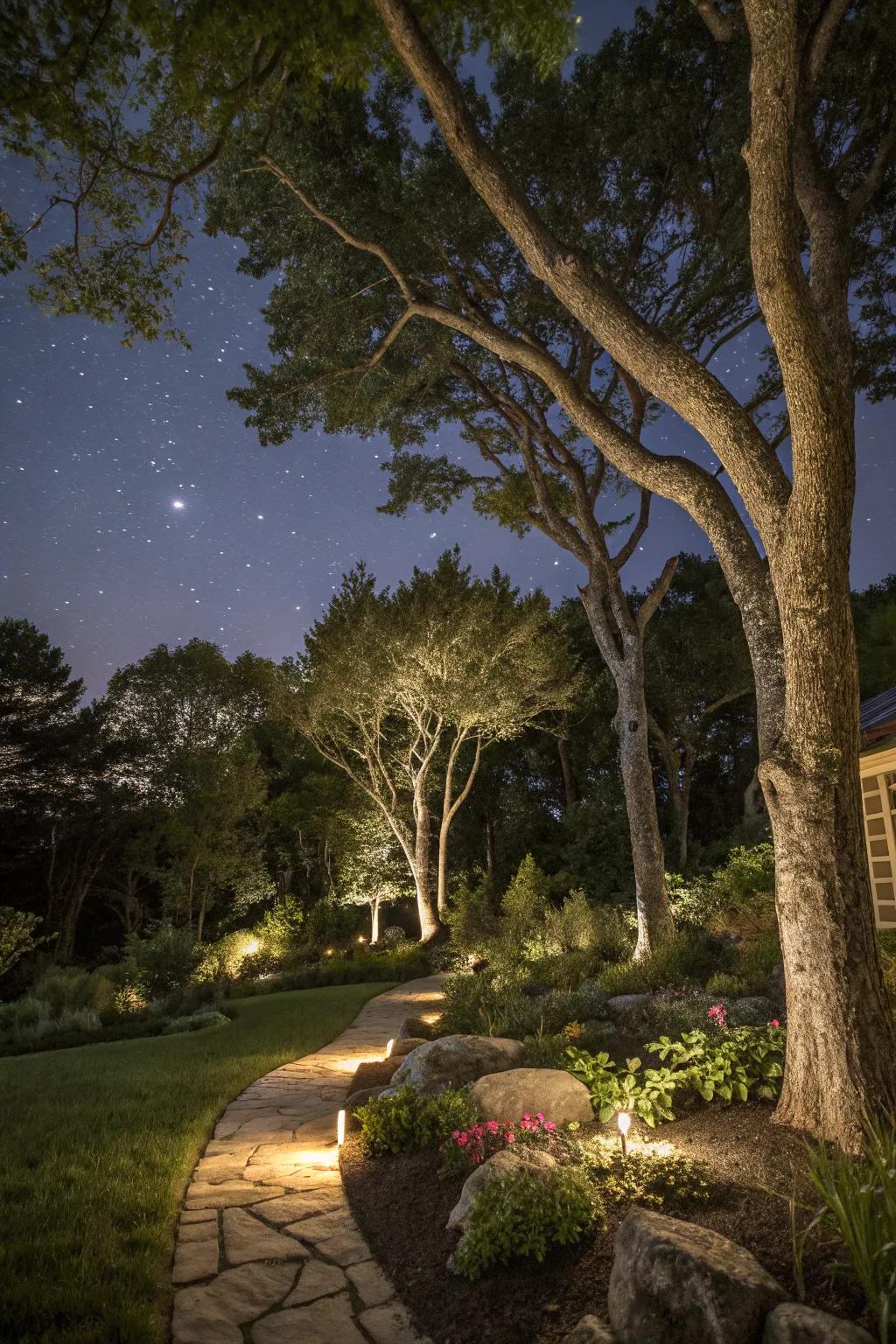 Nighttime lighting highlights the natural beauty of trees.