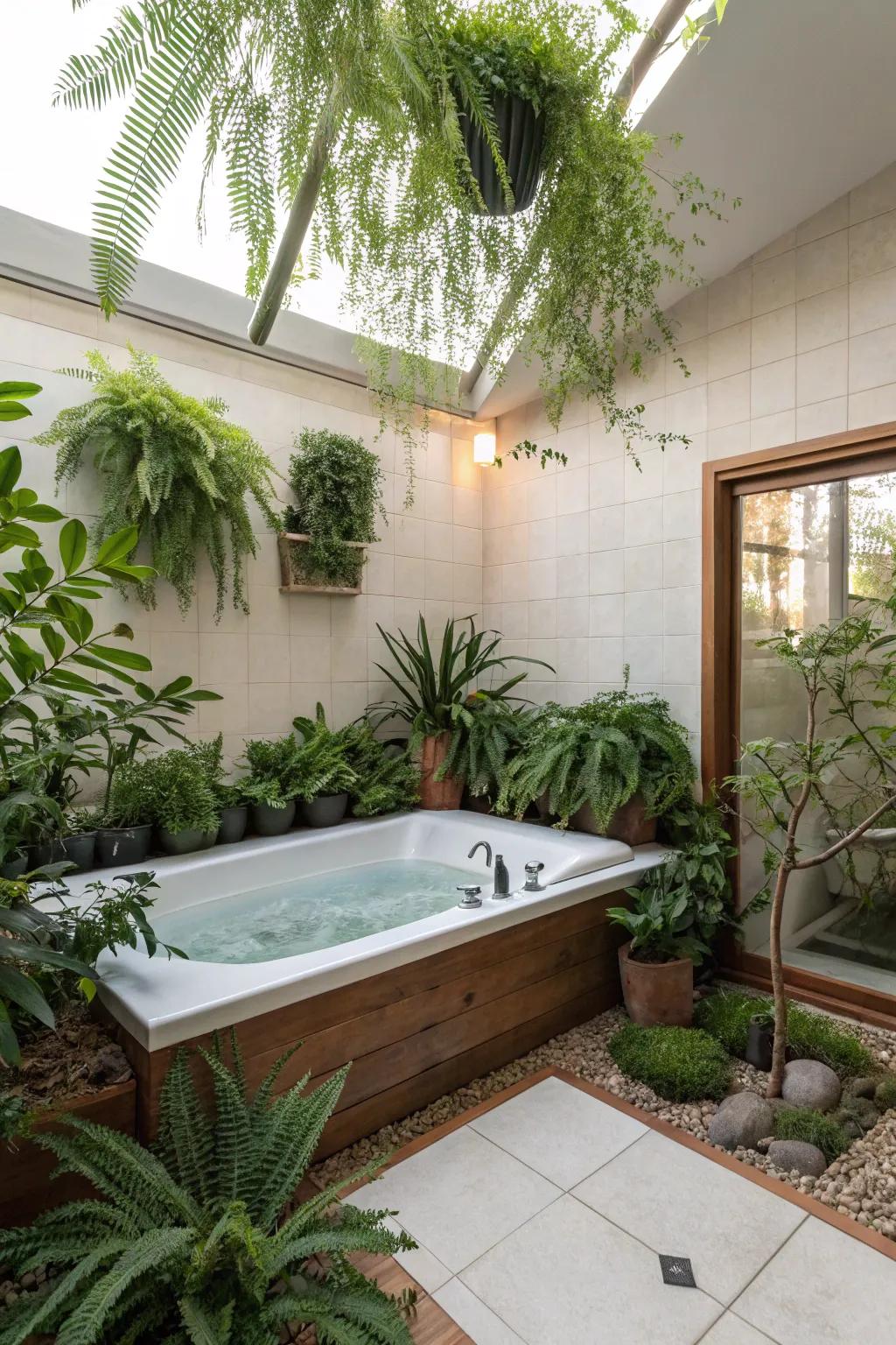 A tub deck transformed into a green oasis with lush indoor plants.