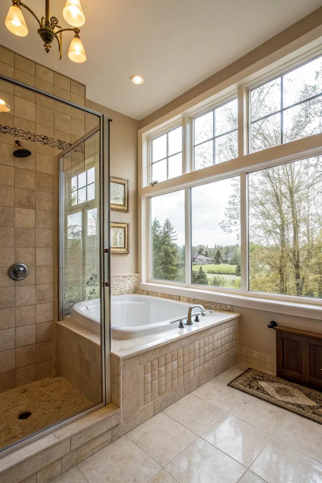 Natural light pouring into a tub-in-shower area, creating a warm and inviting space.