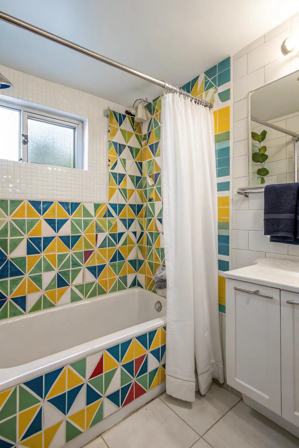 Unique tiles transform the tub shower combo into an artistic feature.