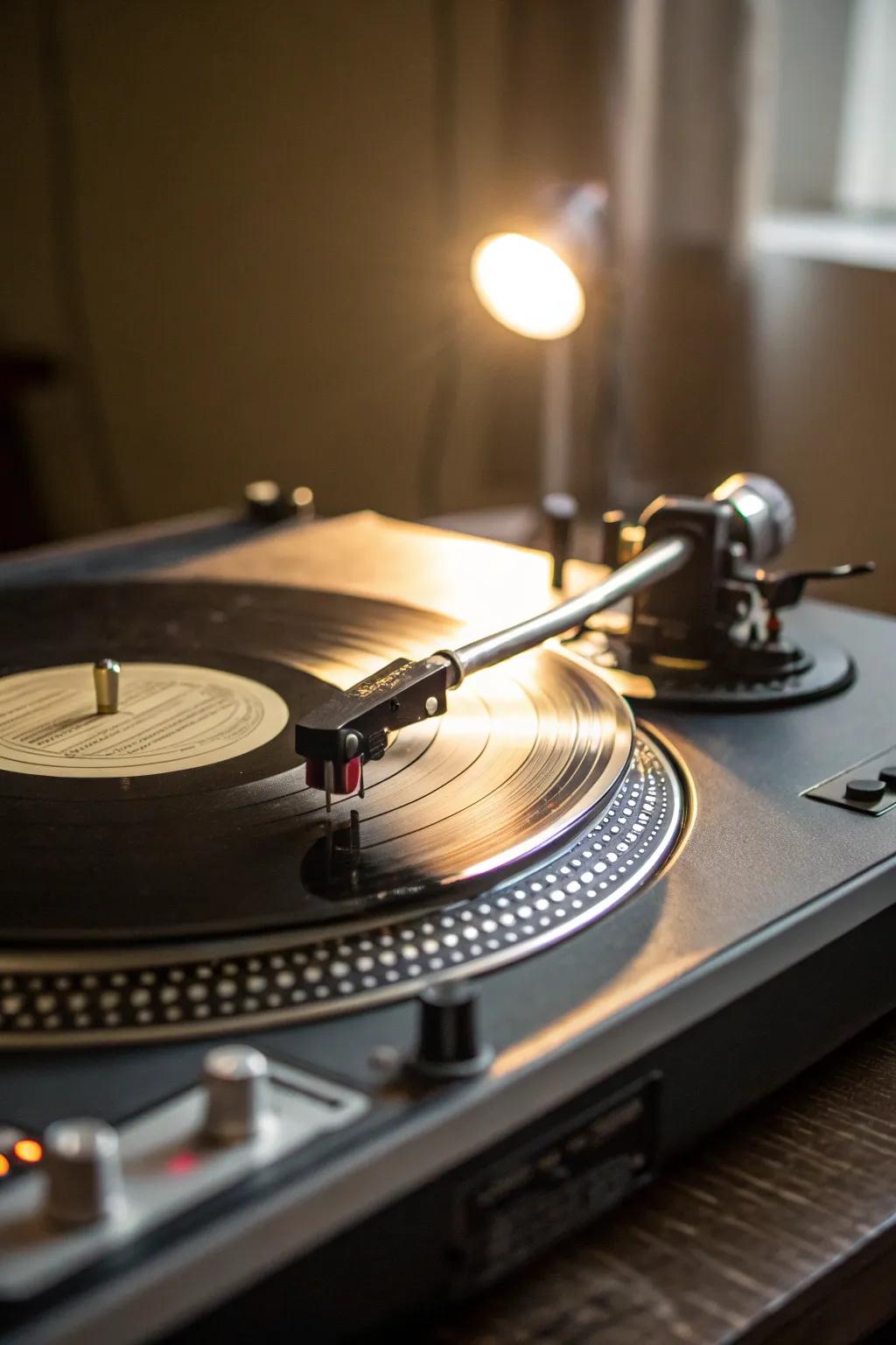 A spotlight effect highlighting a spinning record.