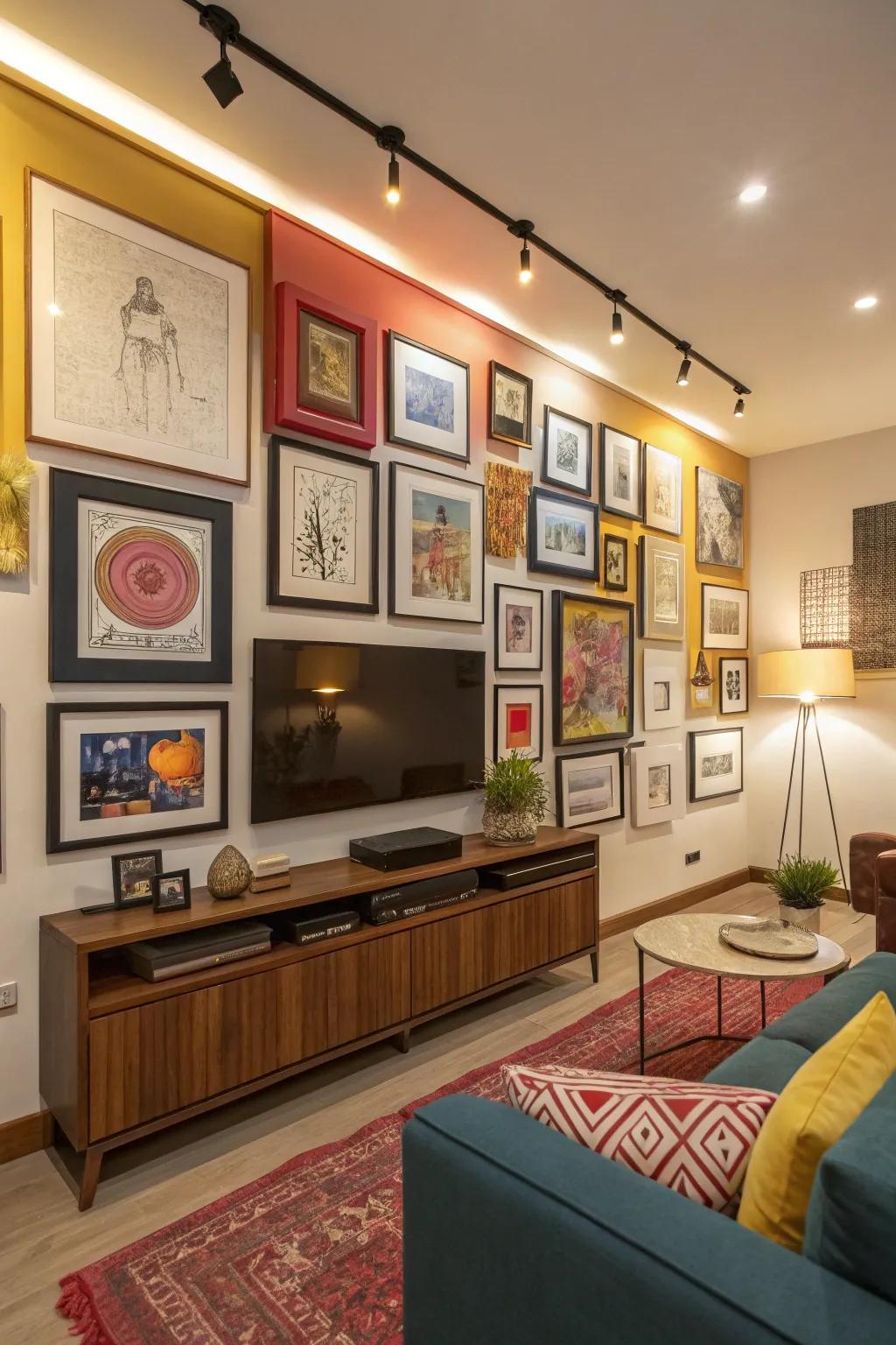 Varied frames create a dynamic TV gallery wall.