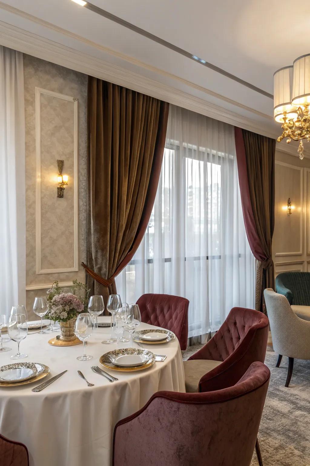 A luxurious touch with velvet and sheer two tone curtains in a dining room.