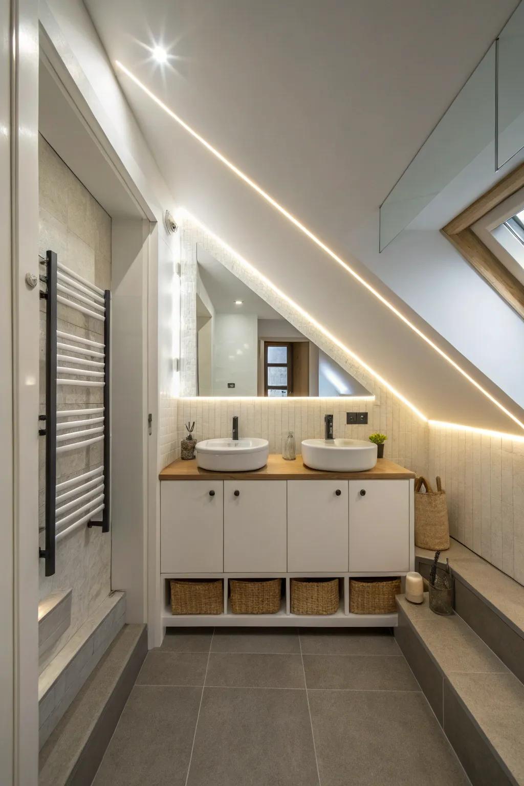 An under-stair bathroom illuminated with LED strip lighting for a modern touch.