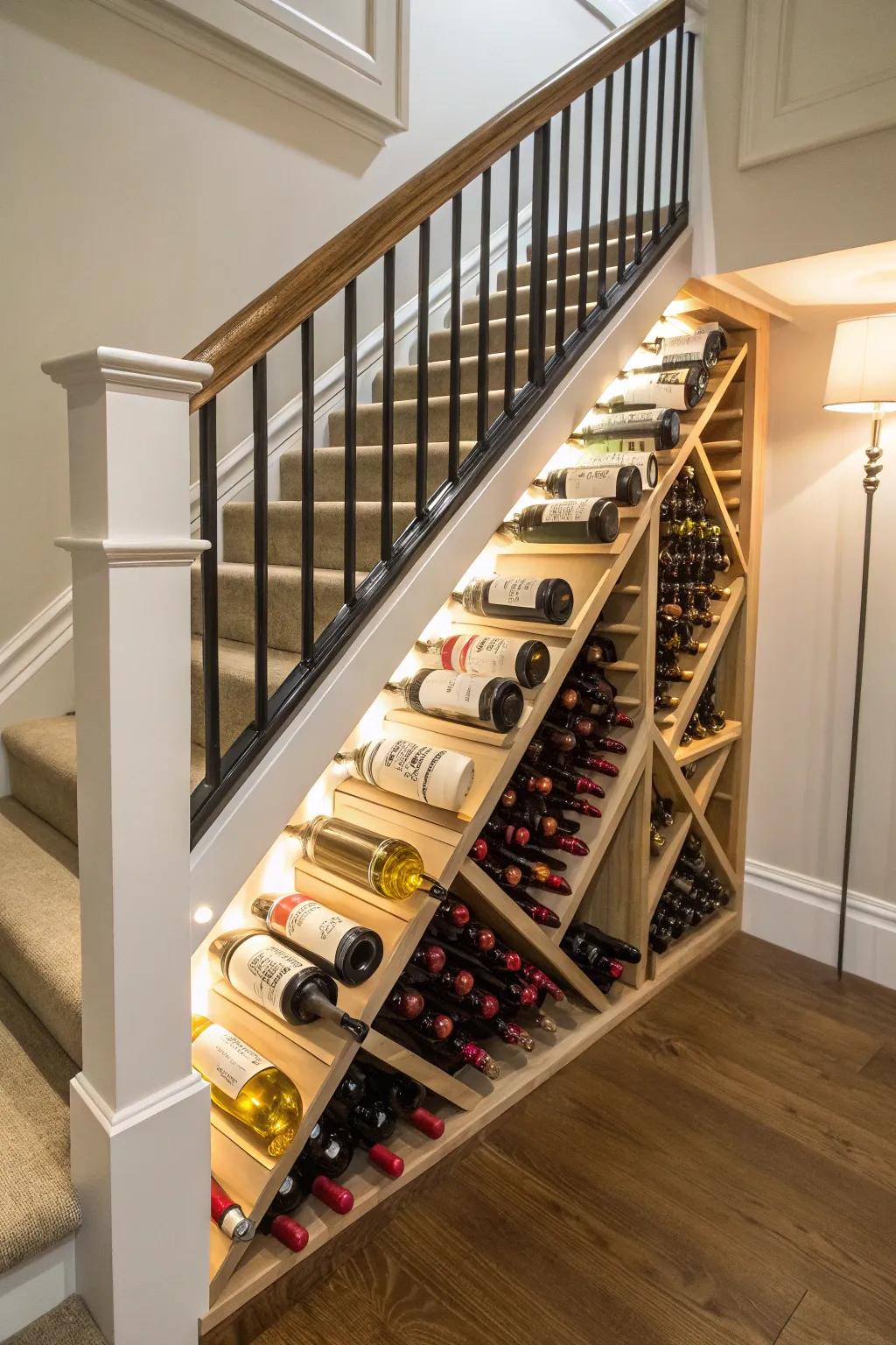 Chic wine storage under the stairs is both practical and stylish.