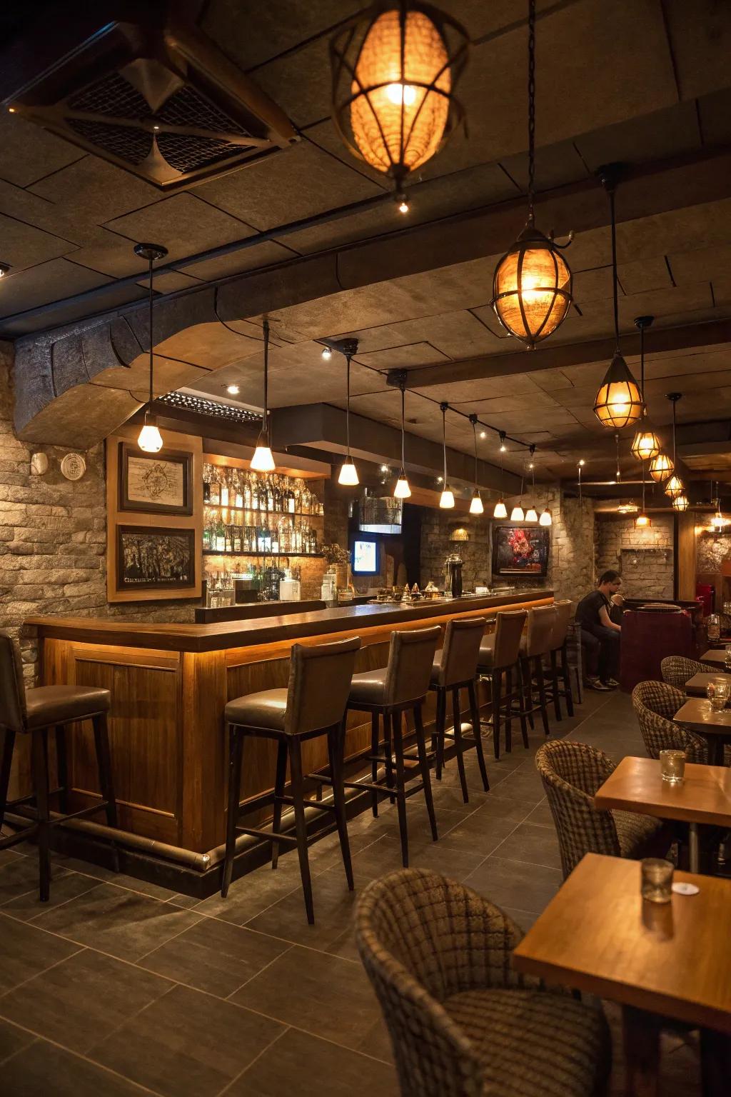 Pendant lighting enhances the ambiance of a basement bar.