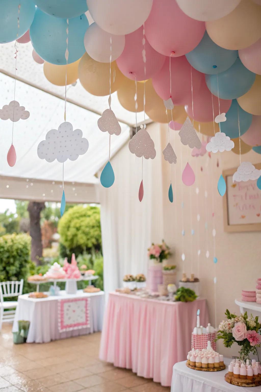 Dreamy paper clouds and raindrops suspended from the ceiling.