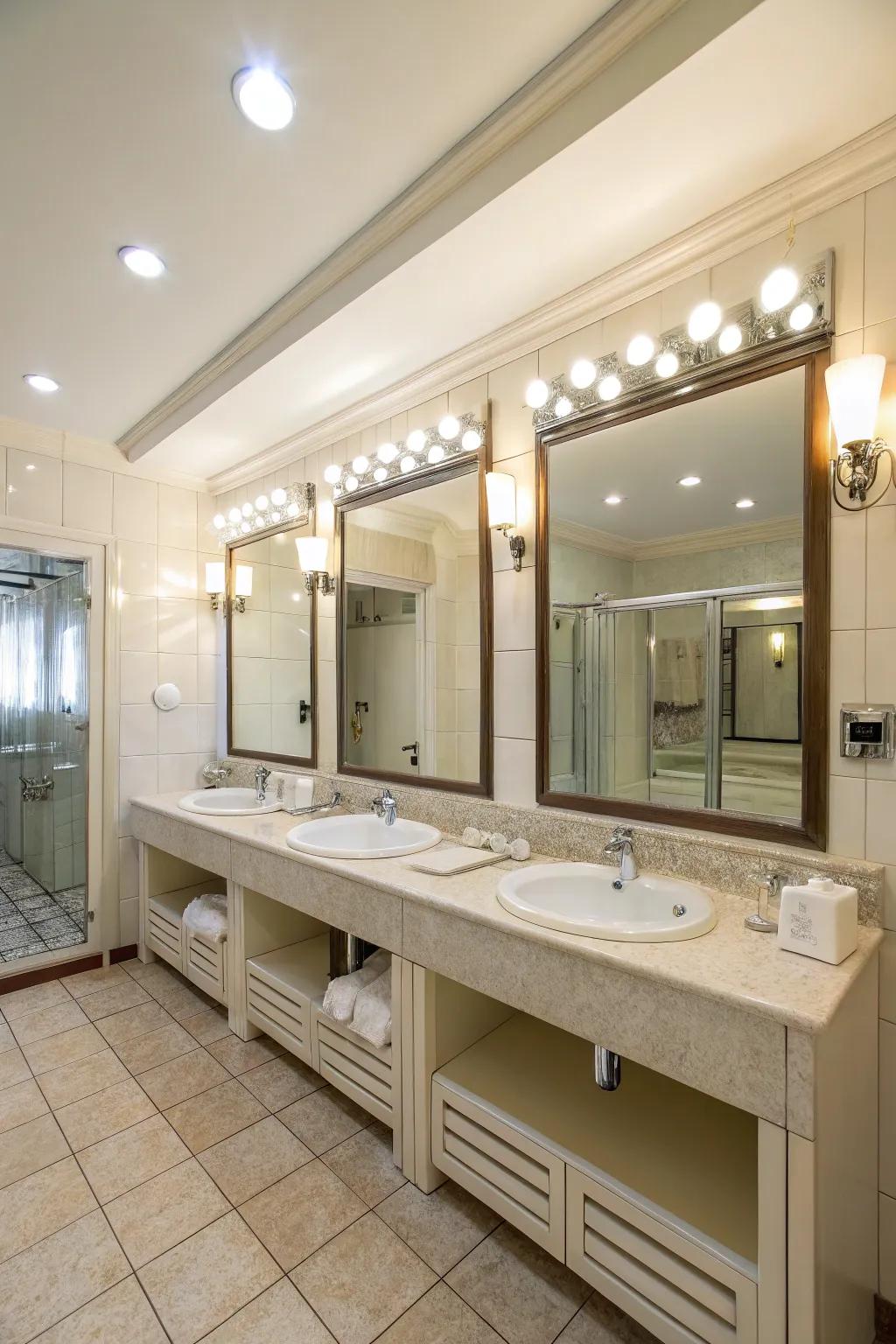 Bright lighting transforms the bathroom into an inviting space.