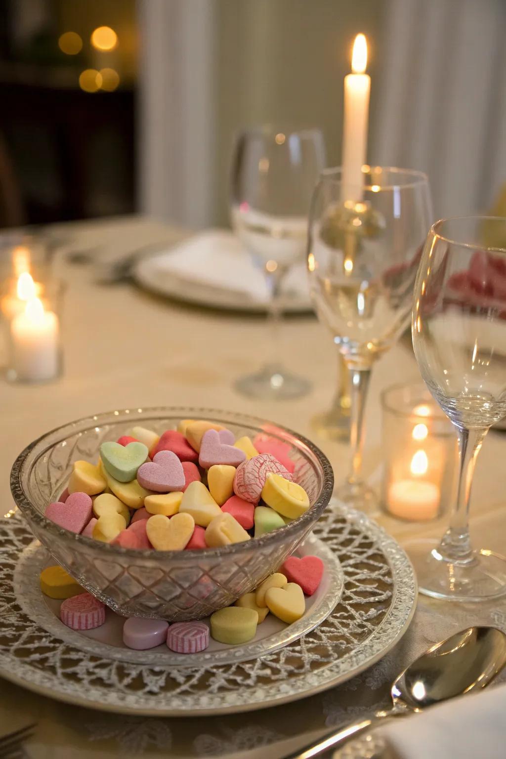 Heart-shaped candies add a sweet touch to the table.