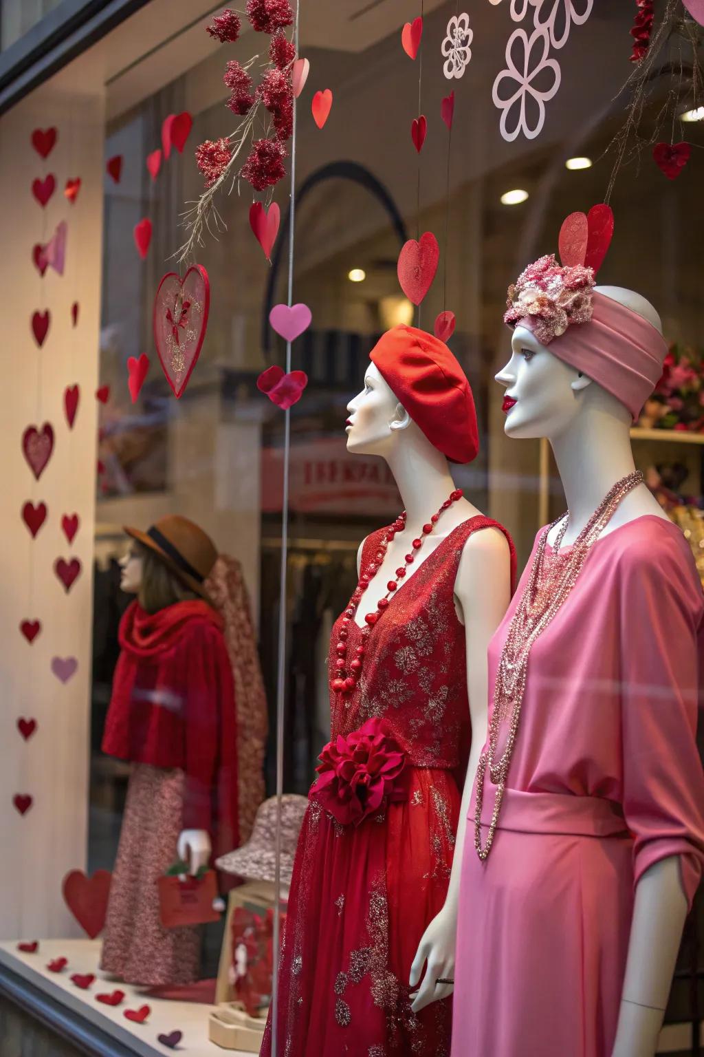 Fashionable mannequins in a store window, dressed for Valentine's Day.