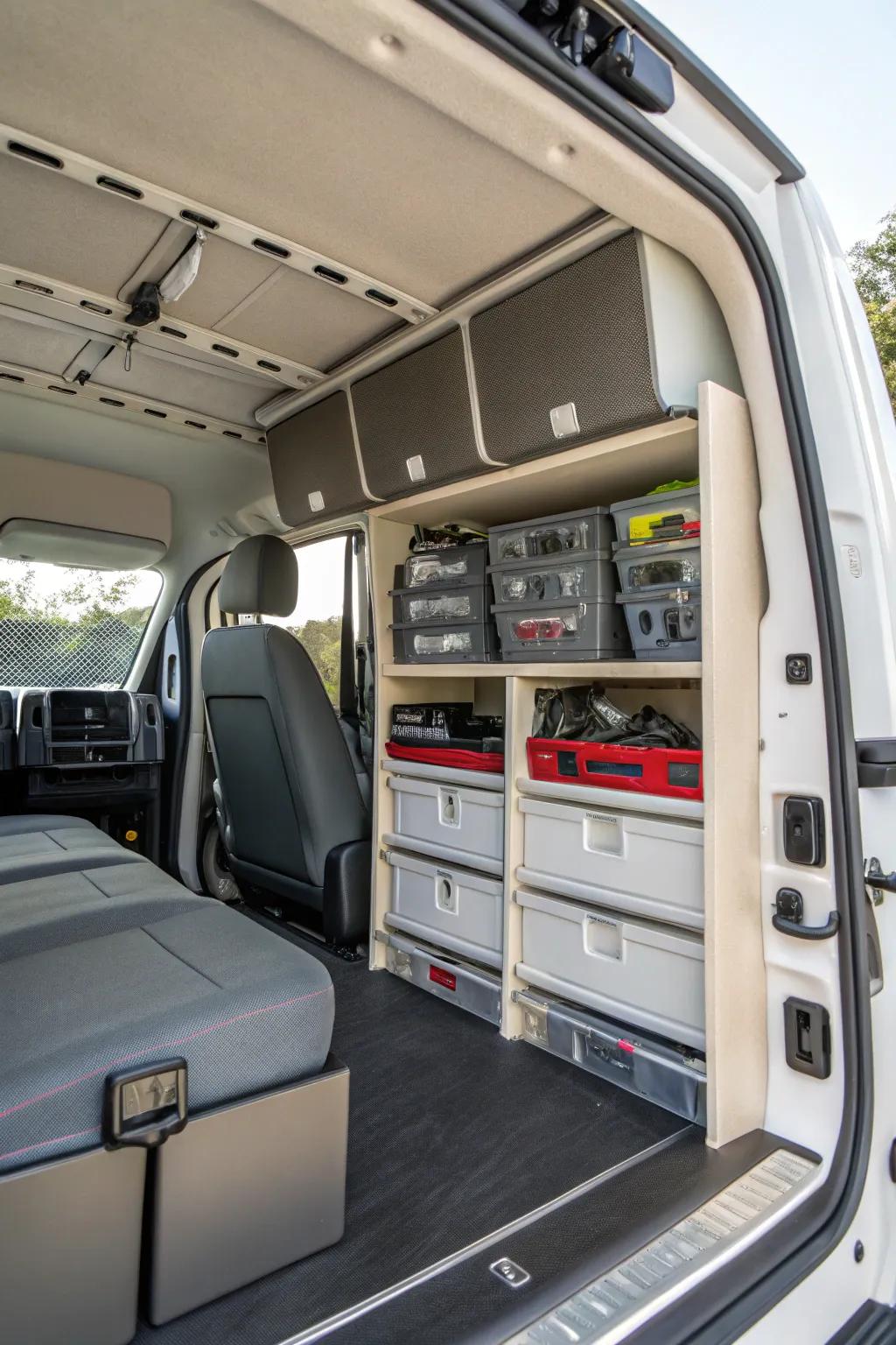 Smart storage solutions keep your van organized and clutter-free.