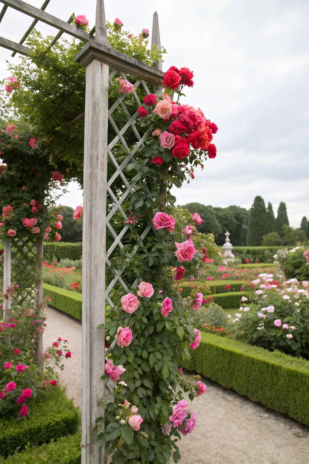 A decorative trellis supporting climbing roses in a garden.