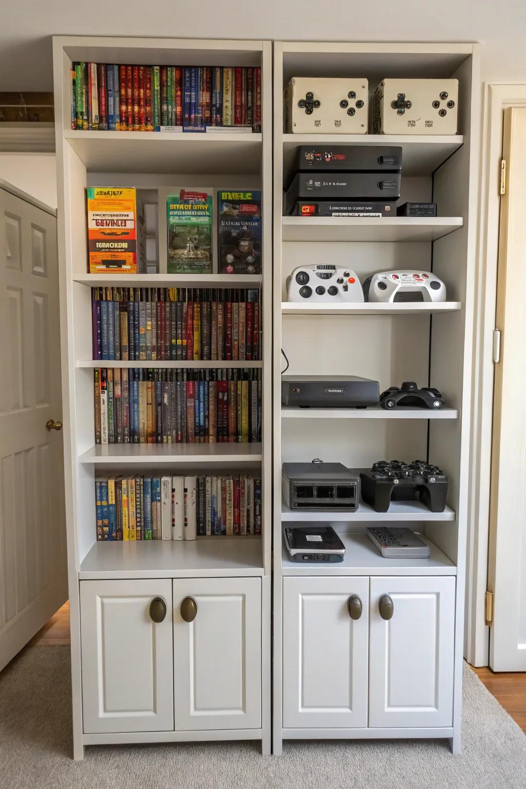 A combination of open and closed storage for video games.