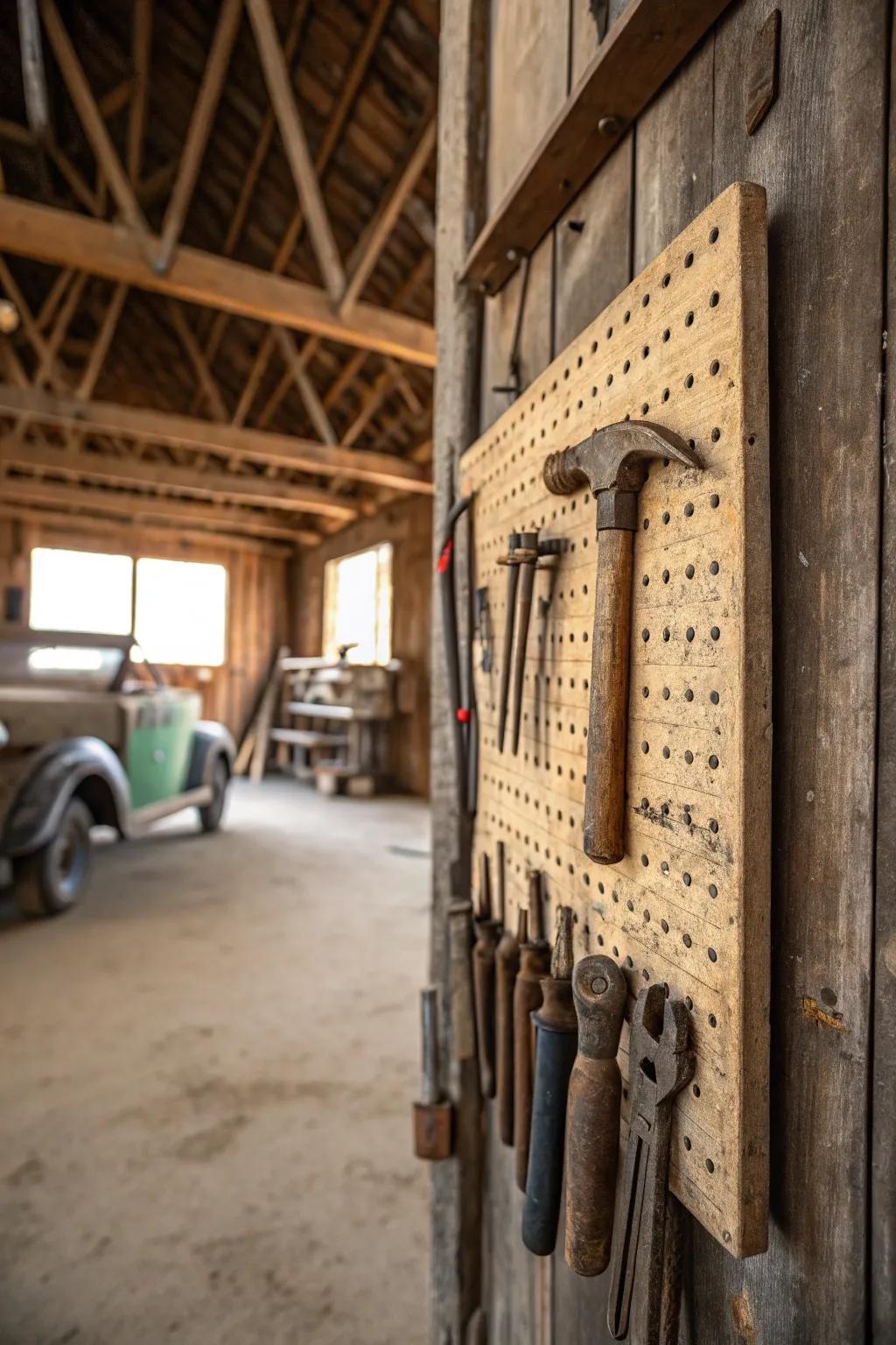 Vintage tools add authenticity and charm to a garage.