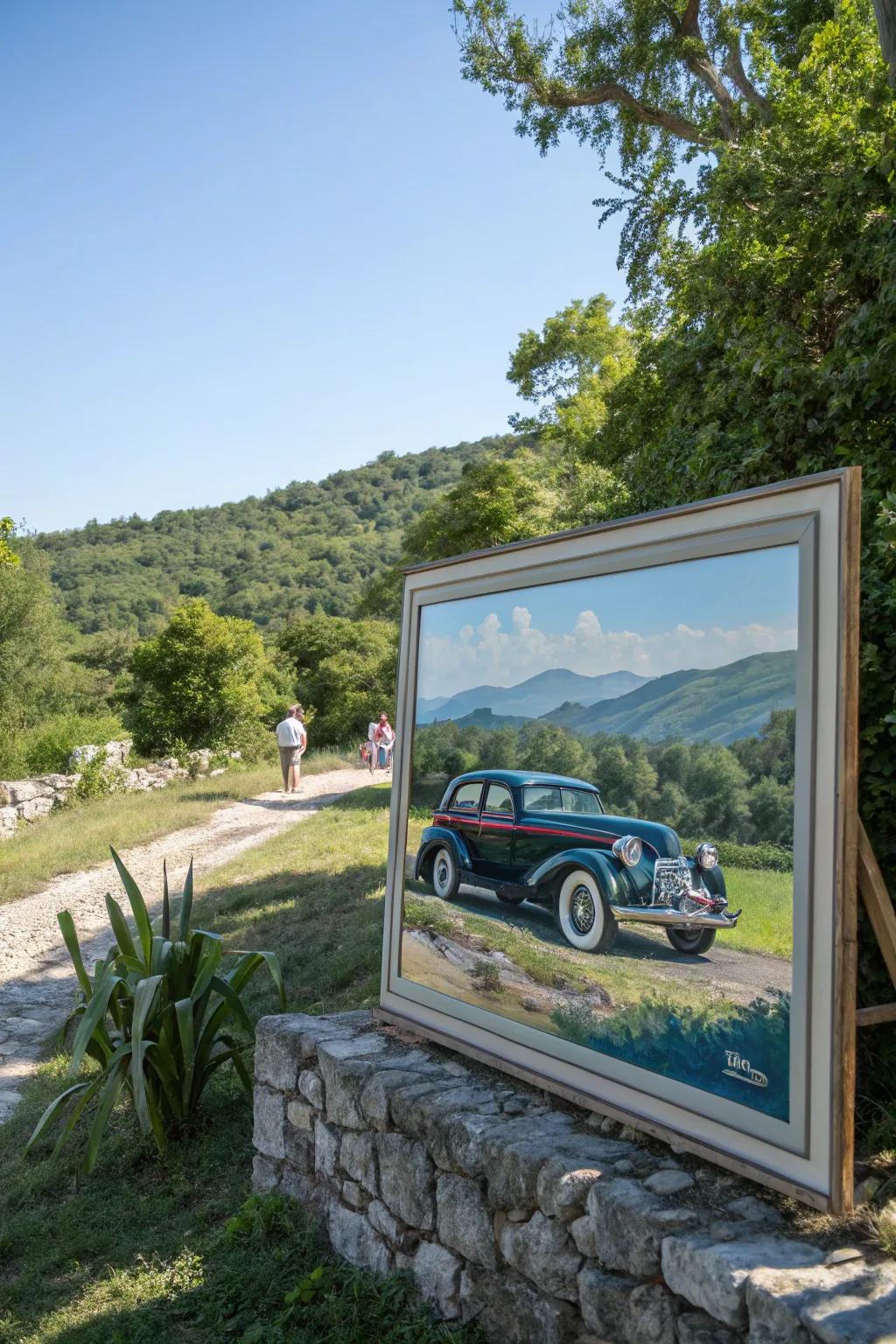 Classic car paintings bring a touch of retro elegance.