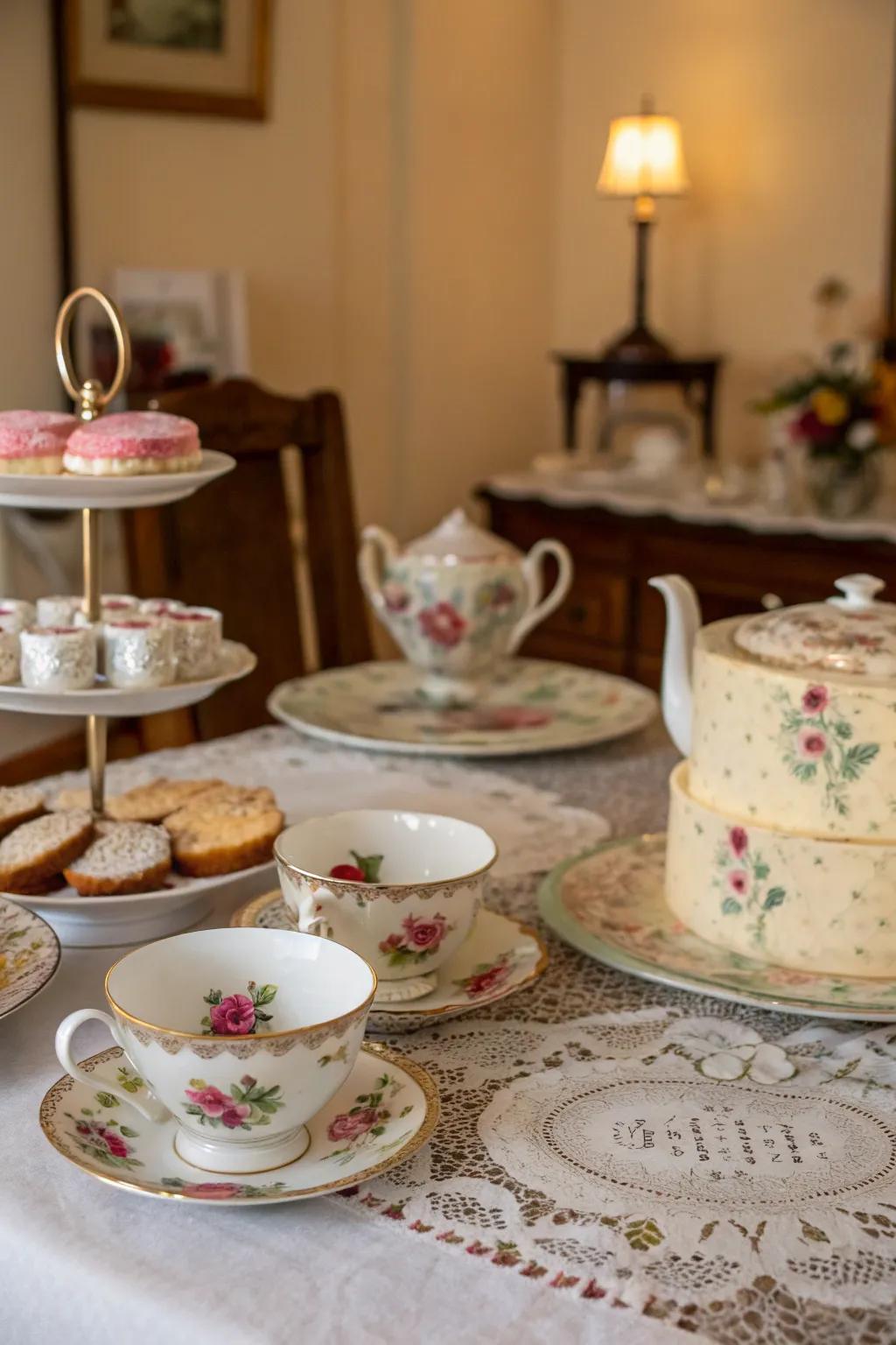 A charming vintage tea party setup for a Sweet 16 celebration.