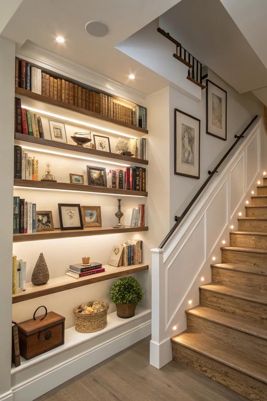 Floating shelves maximize your staircase wall's potential.