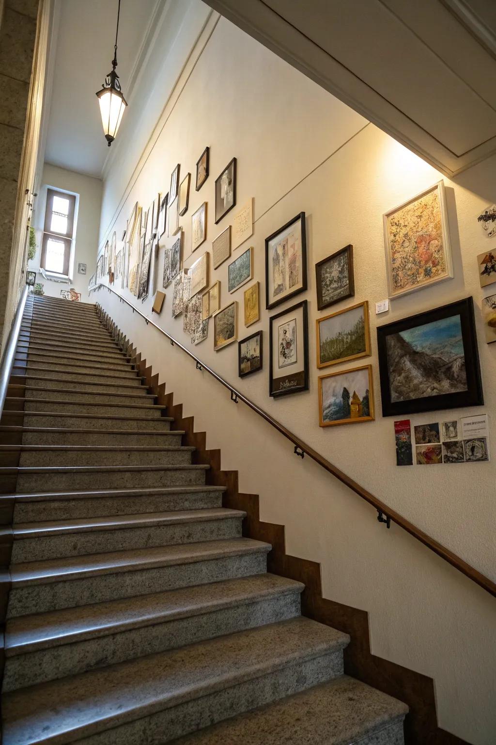 Art pieces perfectly aligned along a staircase.