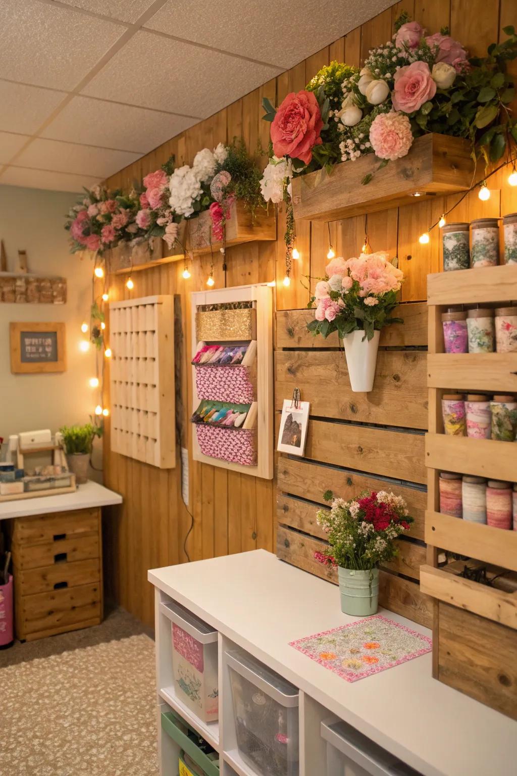 DIY wooden wall pockets filled with vibrant faux florals.