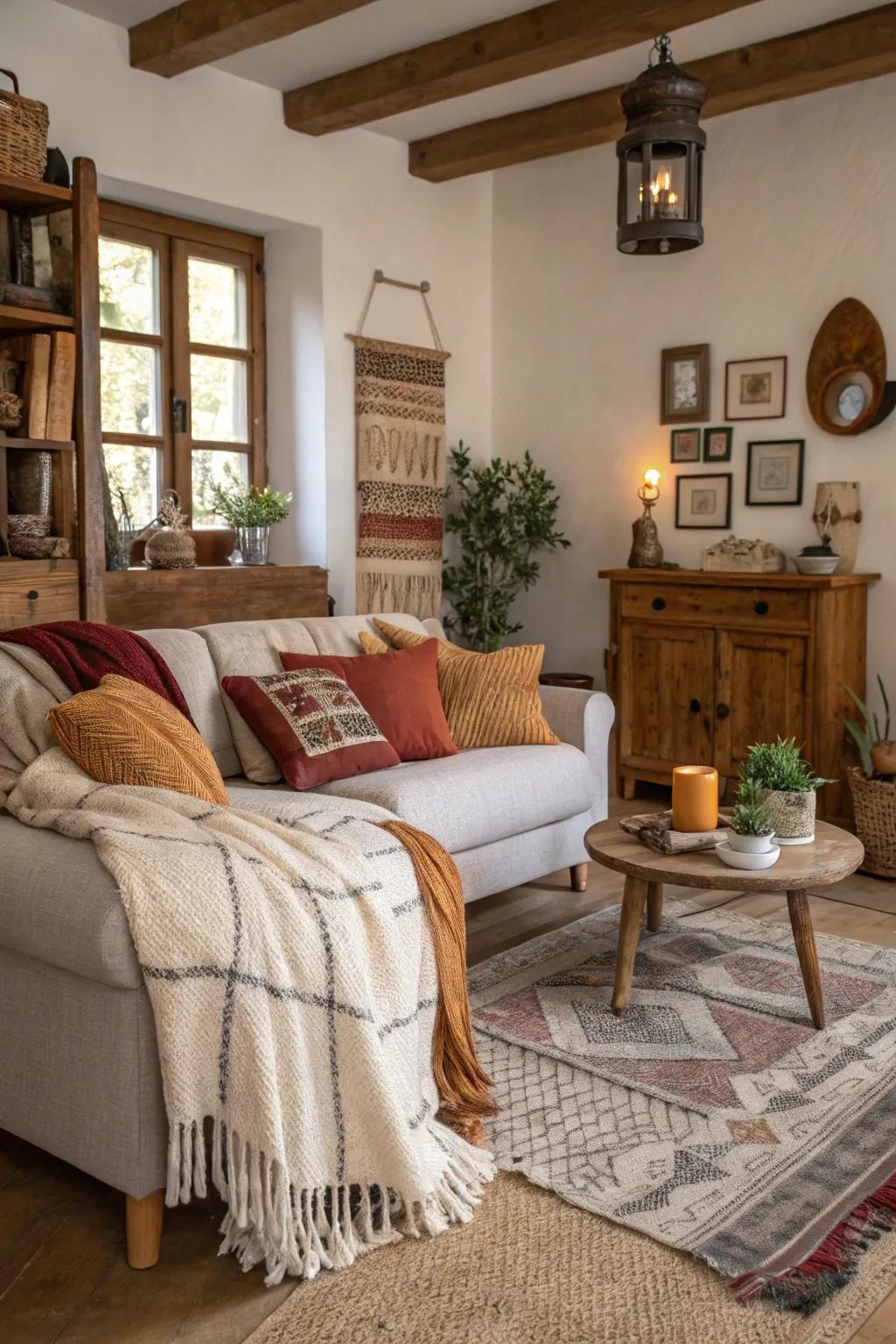 Textiles add warmth and comfort to the living room.