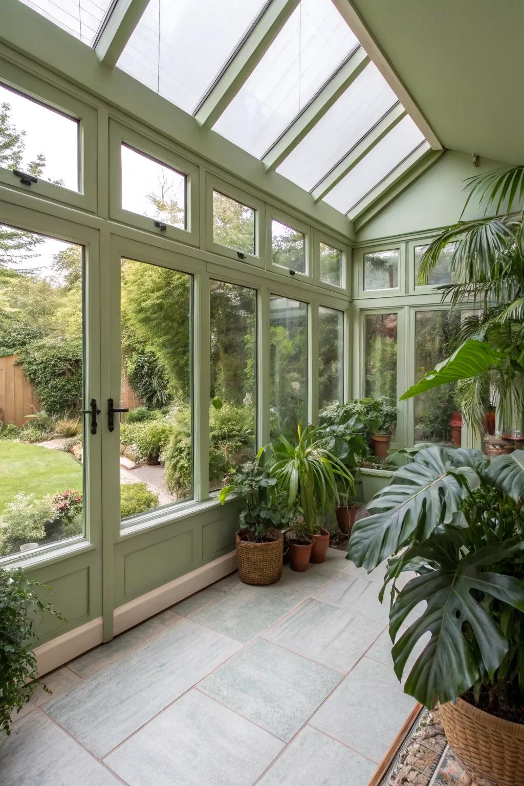 A soothing sage green sunroom, harmoniously blending with nature.