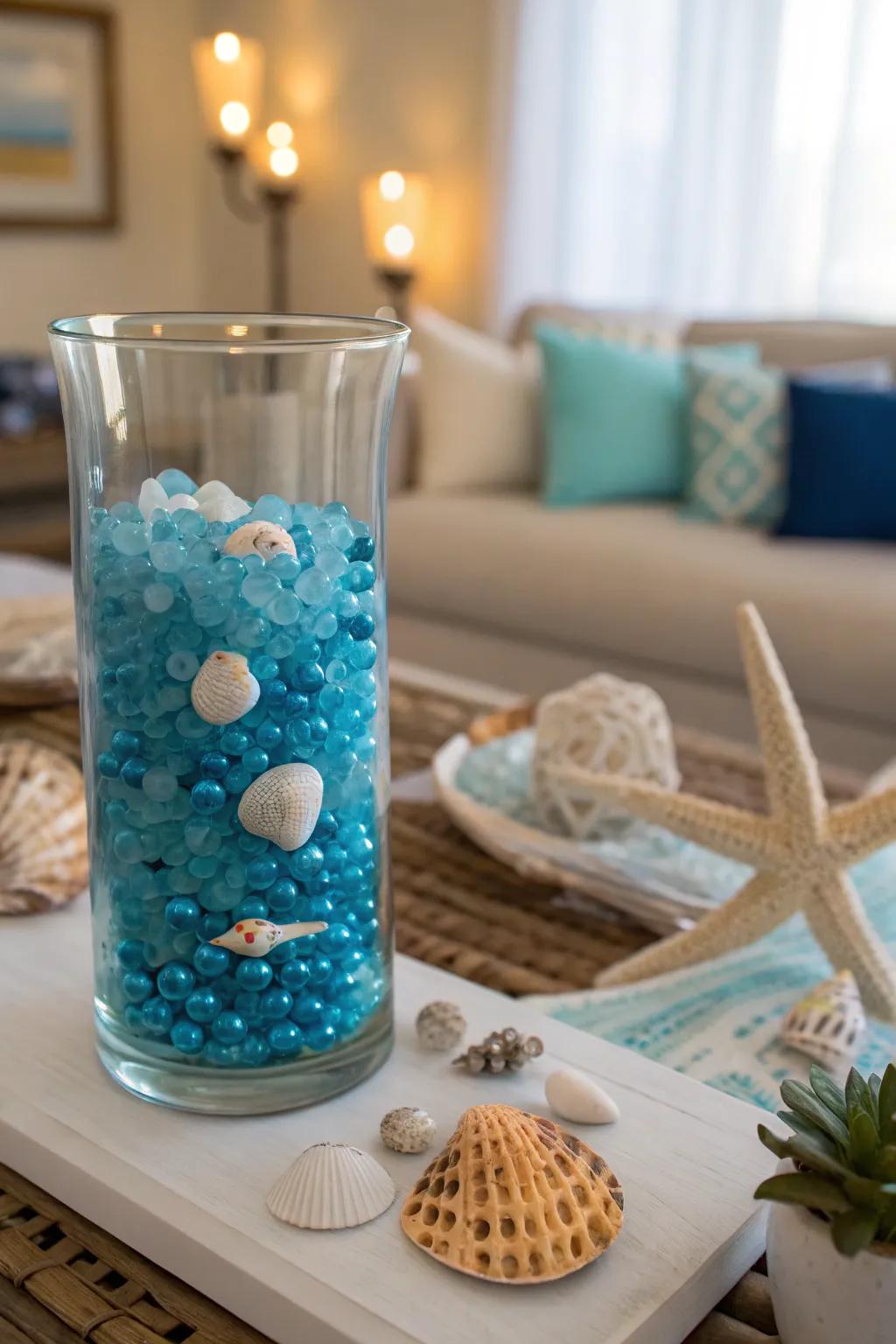 An ocean-themed centerpiece that evokes a seaside escape.