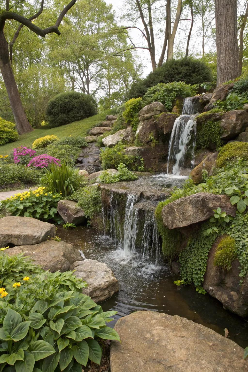 Dynamic waterfalls add movement and soothing sounds to garden settings.