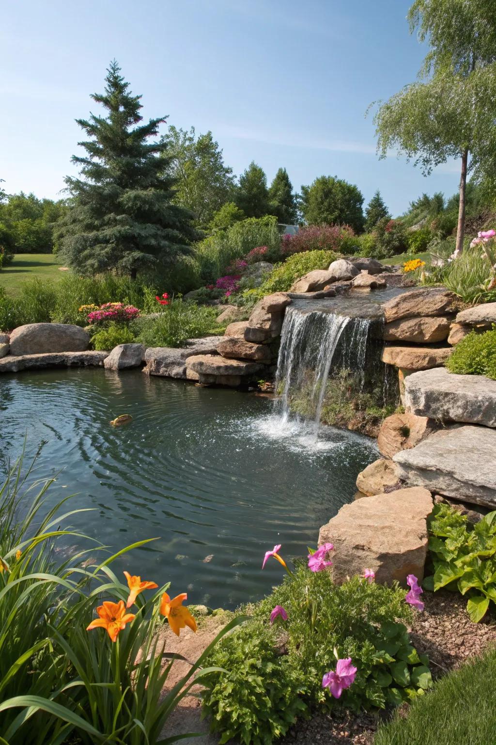 A waterfall flowing into a pond adds serenity and attracts wildlife.