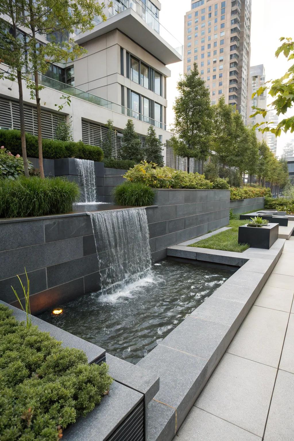 A contemporary waterfall featuring sleek stones in an urban garden.