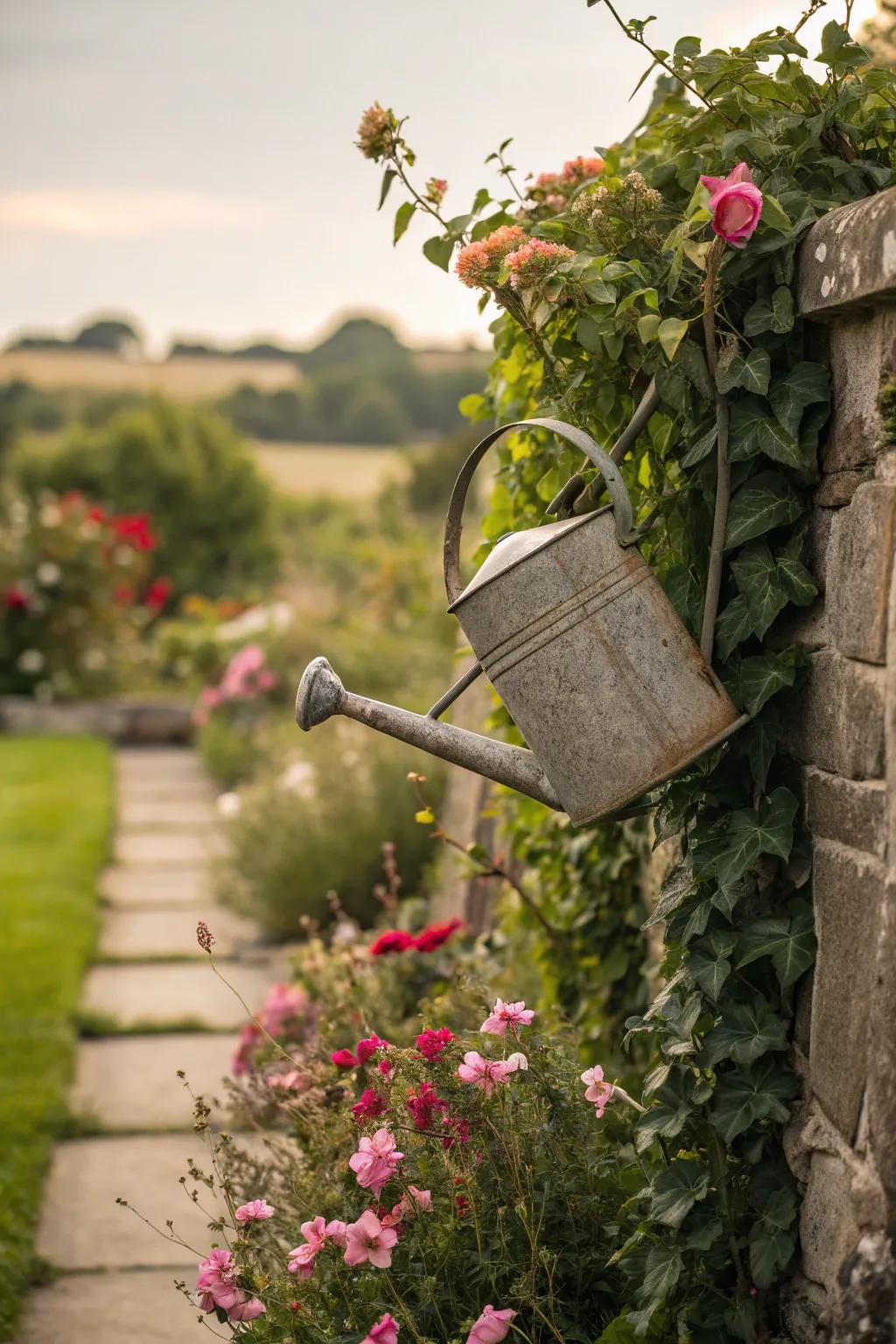 A garden wall adorned with a watering can and cascading vines.