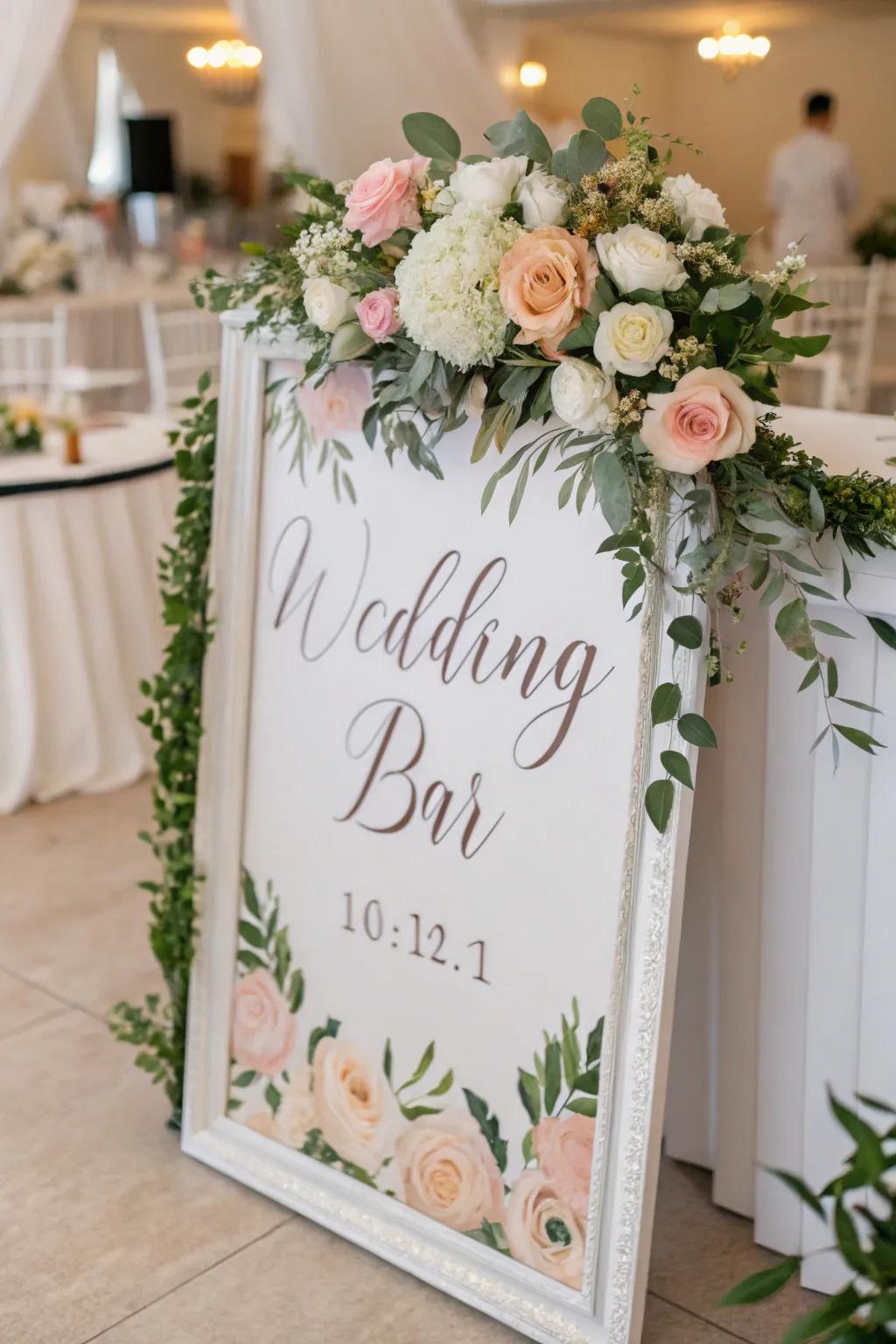 A bar sign adorned with a romantic floral border.