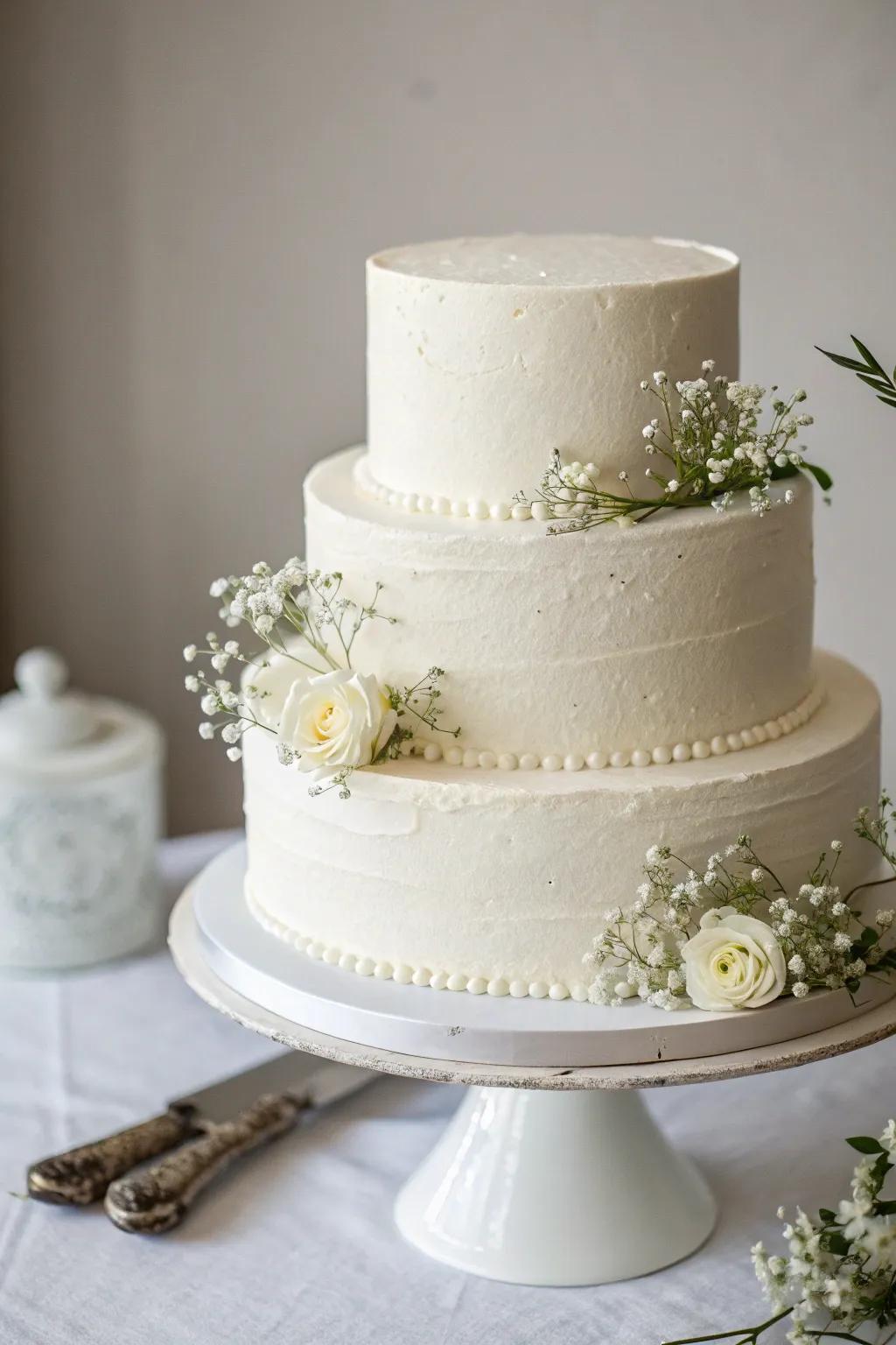 A minimalistic white cake that exudes sophistication and chic style.