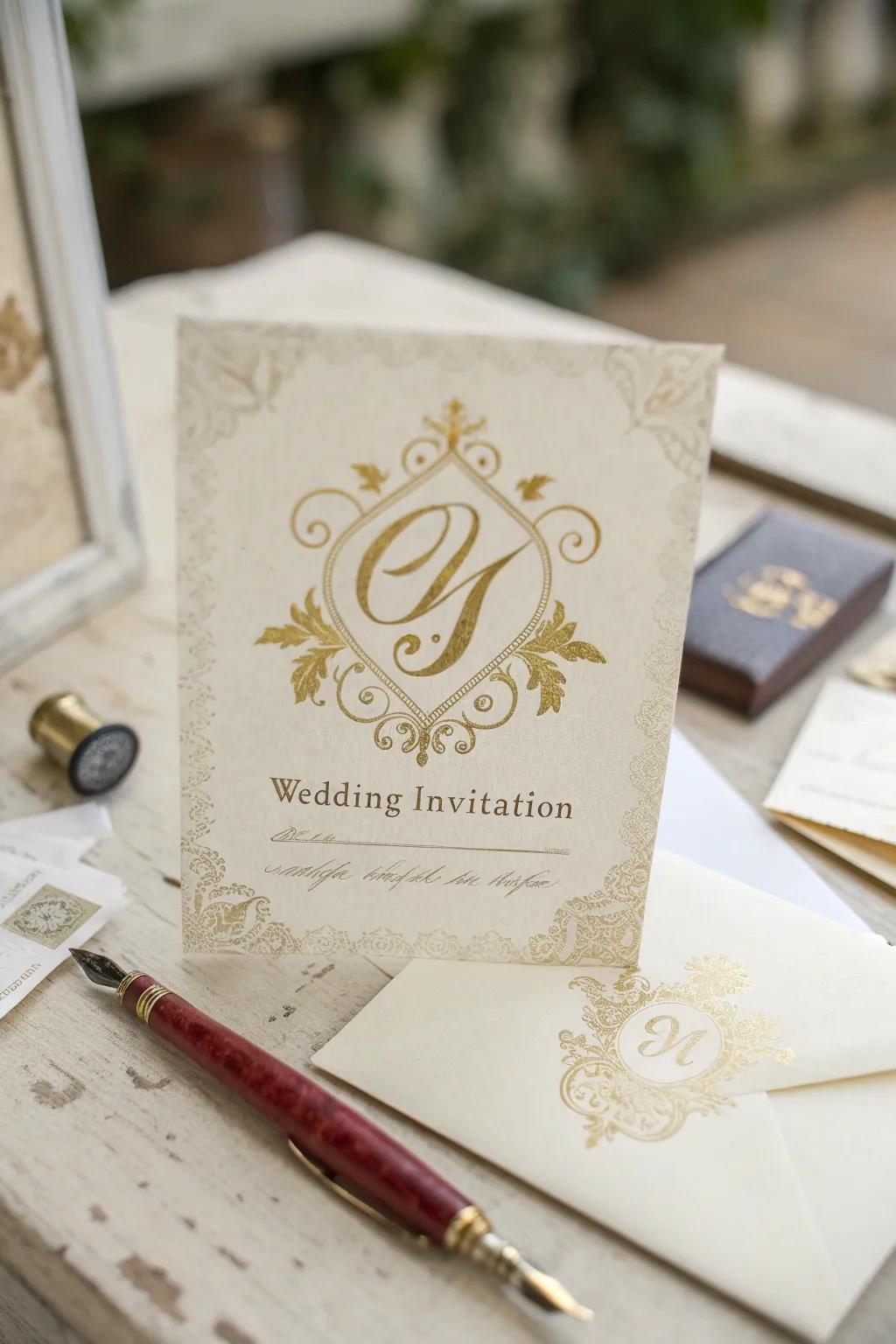 Wedding invitation with a personalized monogram, adding a unique touch.