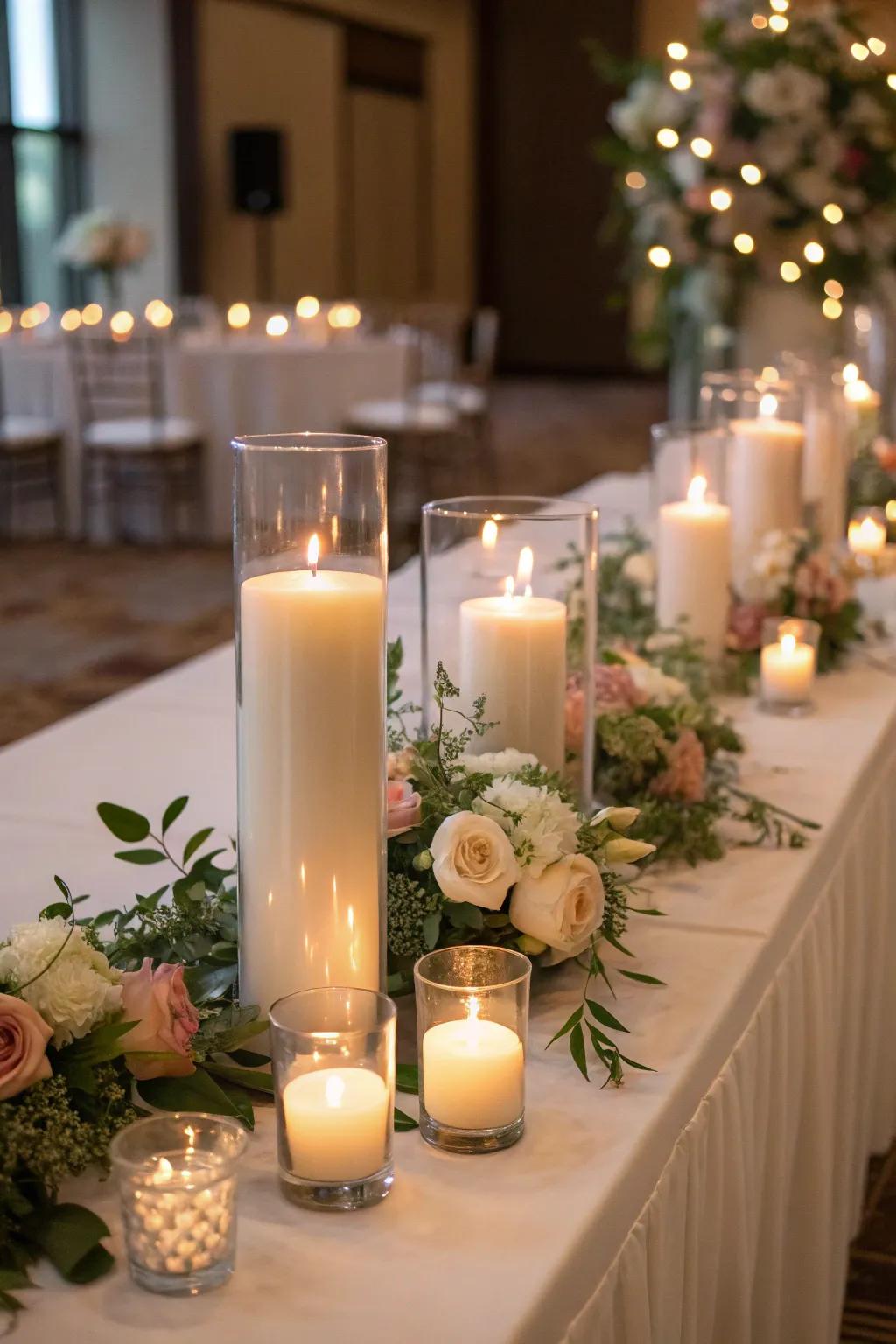 Sleek glass cylinders for a modern centerpiece look.